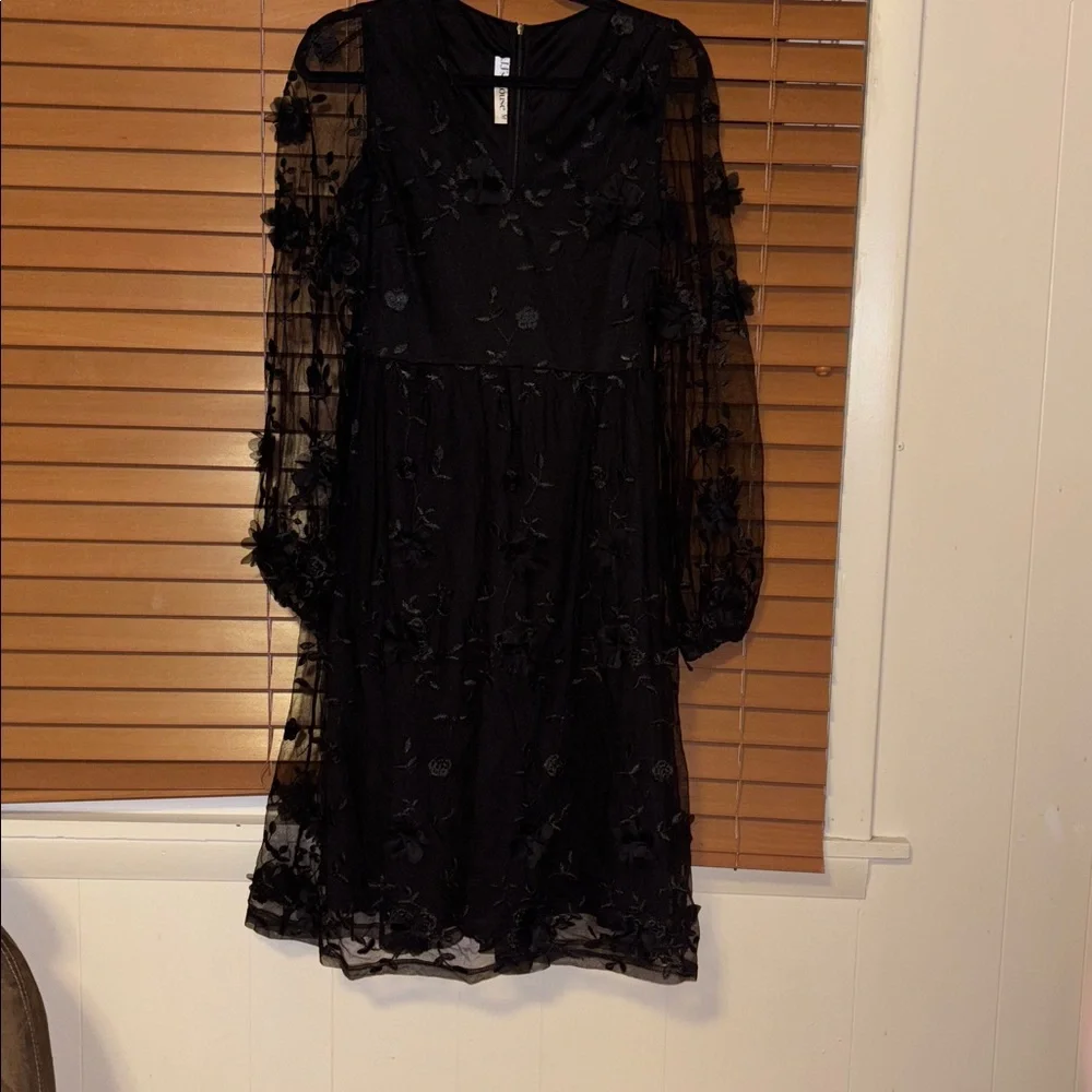 JJs House Medium V-Neck Long Sleeve A-line Jacquard Tulle Midi Dress  FREE SHIP - Picture 7 of 8
